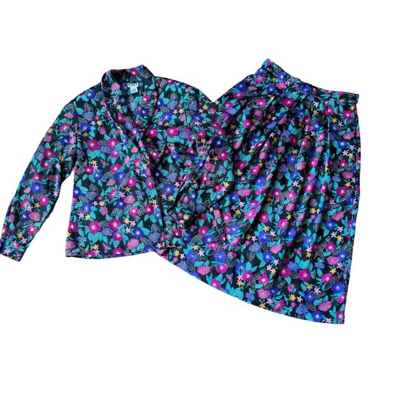 Koret Black Jacquard Floral print long sleeve blouse & midi skirt Set‎ Size 12 - Picture 1 of 14